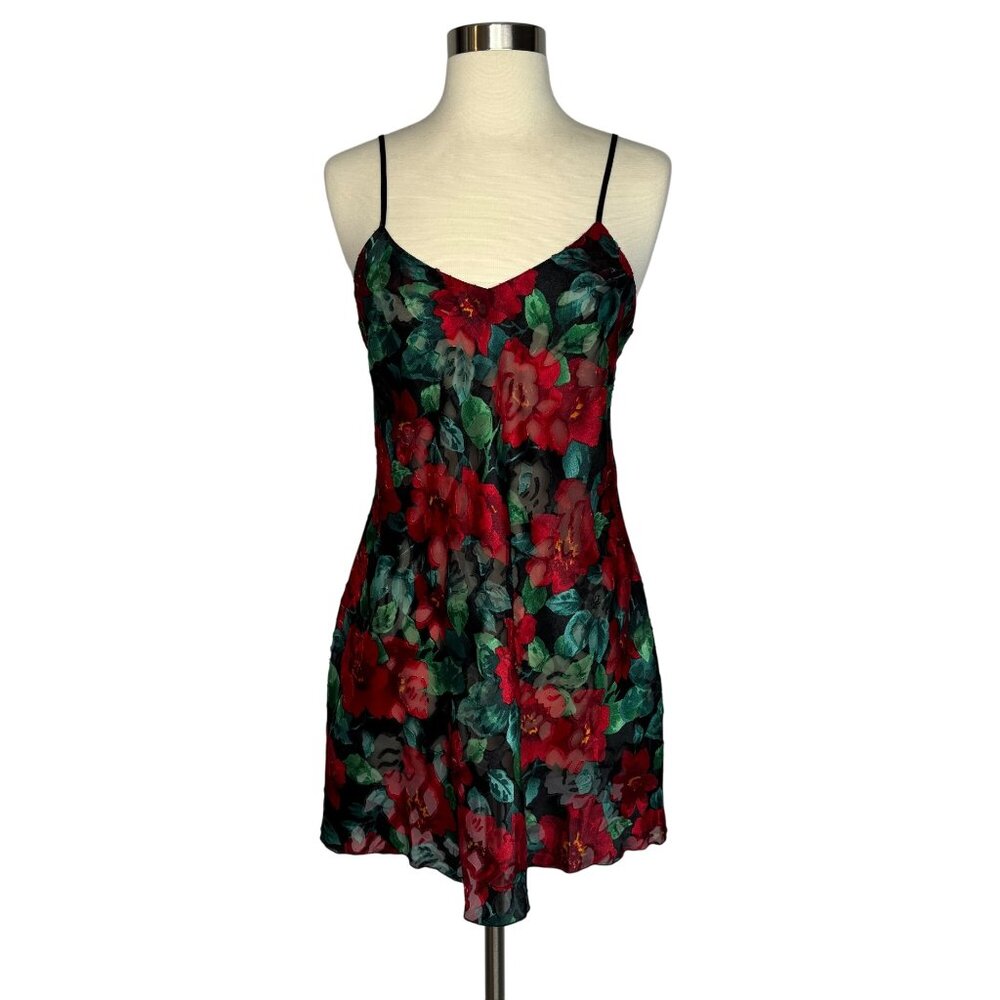 VTG Victorias Secret Gold Label Red Black Floral‎ Whimsigoth Backless Slip Dress